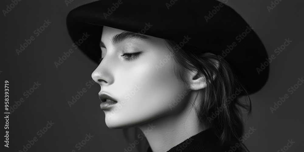 Black and white photo of woman wearing beret. Black and white photo of woman wearing beret.