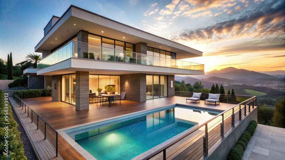 Fototapeta premium Luxurious house with a pool and a balcony overlooking the landscape, luxury, architecture, real estate, modern