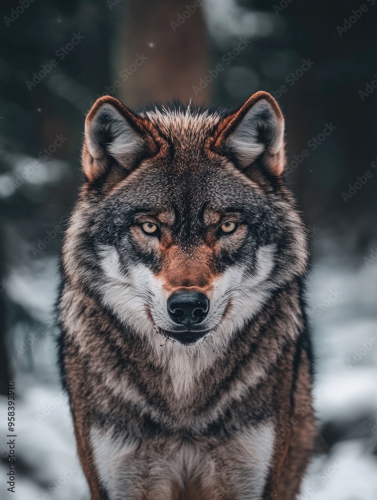 Striking Wolf Face in Snowy Forest