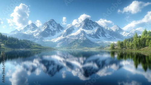 Breathtaking mountain landscape reflecting on serene lake under a clear blue sky with fluffy clouds.