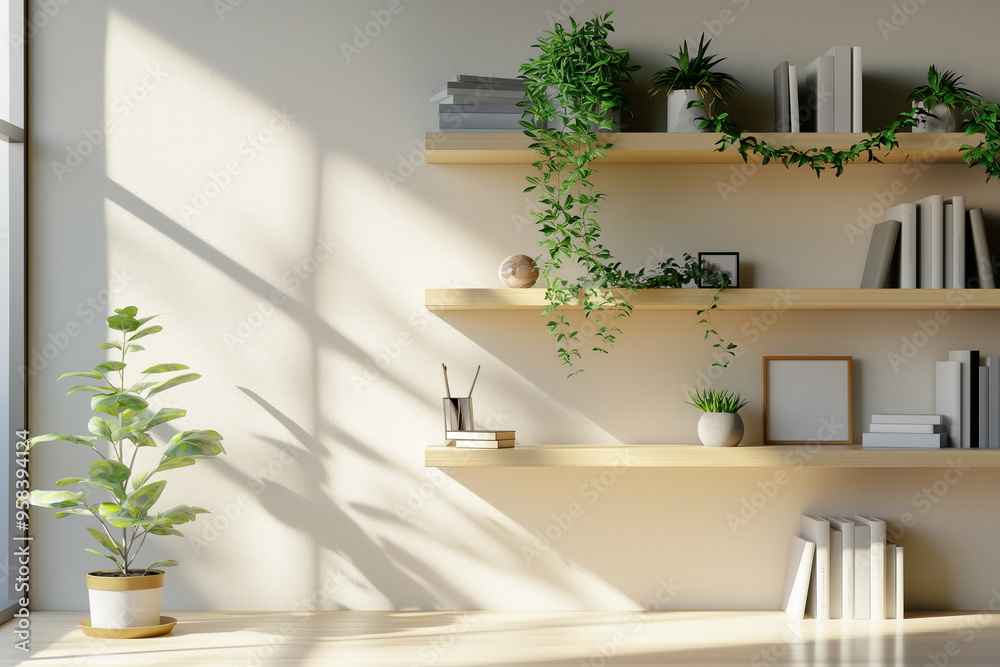 Obraz premium Office interior backdrop for online meetings. Light home office setting bookshelves background. Minimalist online workspace aesthetics. Video conferencing room design in pastel tones.