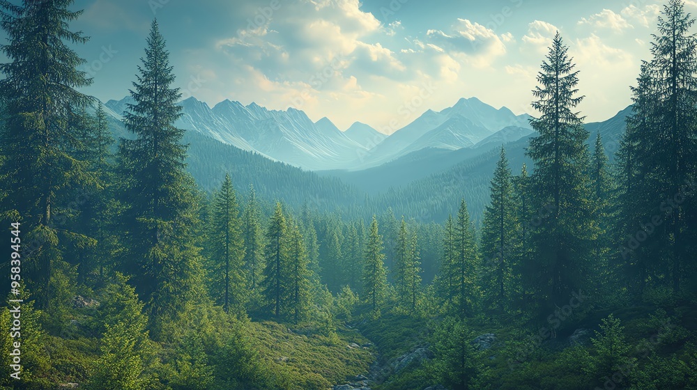 Breathtaking mountain landscape with lush green forests and majestic peaks under a serene sky.