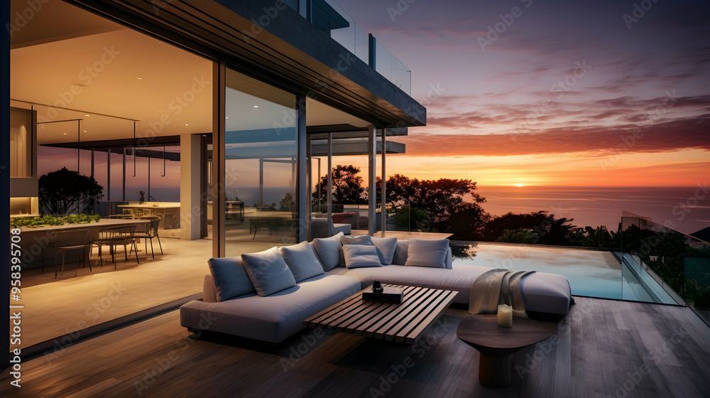 Fototapeta premium Sunset glow on a coastal residence,