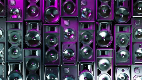 many different acoustic systems covering the entire wall in neon lighting, 3d animation