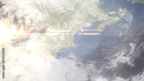 Earth zoom in from space and focus on Everett, Massachusetts, USA. Background for travel intro or blog. Satellite view. 3D style Animation. Images from NASA. photo