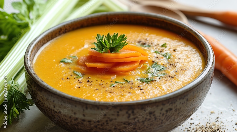 Savory Carrot Soup in a Bowl, Garnished with Fresh Herbs and Slices, Ready for Enjoyment. Healthy and Delicious Vegetarian Meal. Savory Carrot Soup in a Bowl, Garnished with Fresh Herbs and Slices, Ready for Enjoyment. Healthy and Delicious Vegetarian Meal.