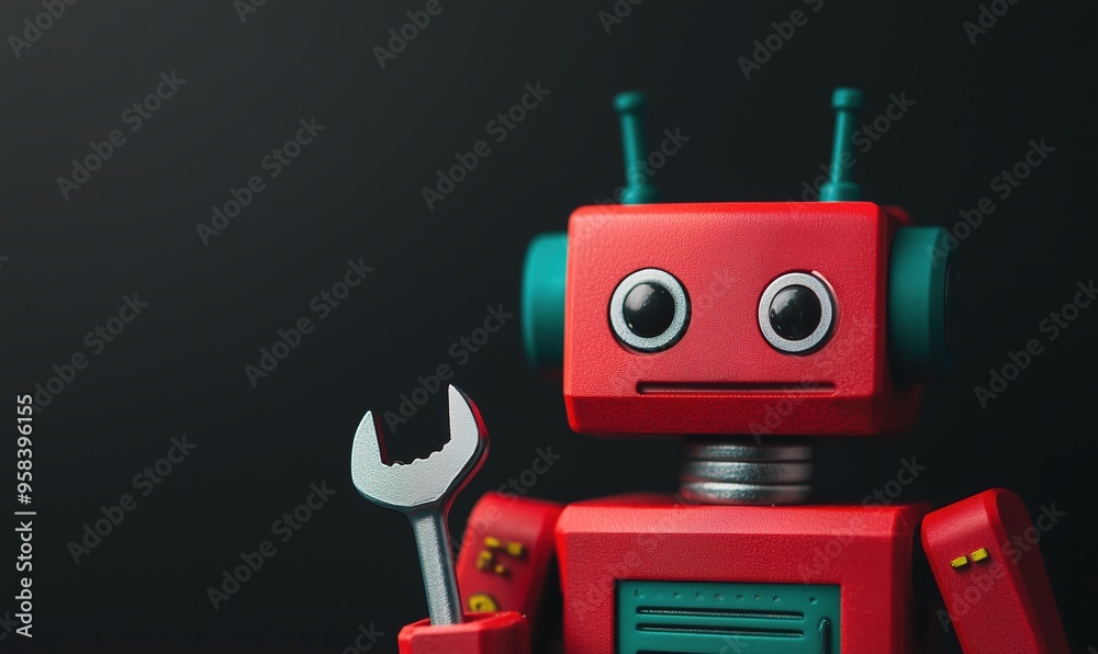 Fototapeta premium A charming retro robot holding a wrench, perfect for tech-themed designs or playful DIY concepts.