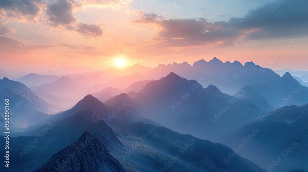 Breathtaking view of majestic mountains at sunrise, enveloped in soft mist and glowing with warm hues, perfect for nature lovers. Breathtaking view of majestic mountains at sunrise, enveloped in soft mist and glowing with warm hues, perfect for nature lovers.