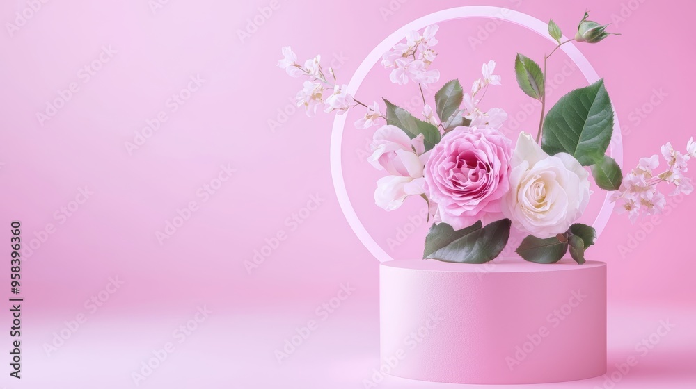 Obraz premium Delicate roses and green leaves suspended around a cylindrical pink podium, isolated on pink. Perfect for advertising feminine products or as a backdrop for bridal or beauty-related content.