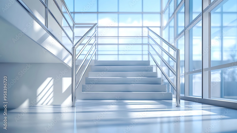 Bright modern staircase leading to upper level with large windows allowing natural light to flood the space, creating an inviting atmosphere. Bright modern staircase leading to upper level with large windows allowing natural light to flood the space, creating an inviting atmosphere.