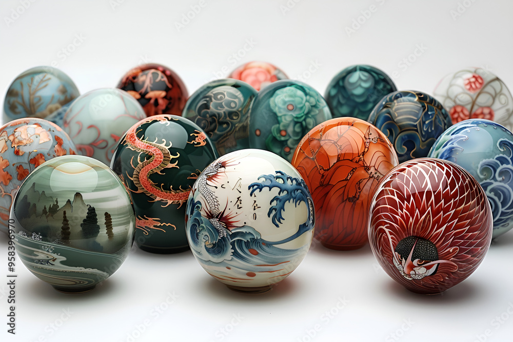  The bowls are white with orange accents and have a cat face painted on them. There are six of the bowls in total, and they are arranged in a row