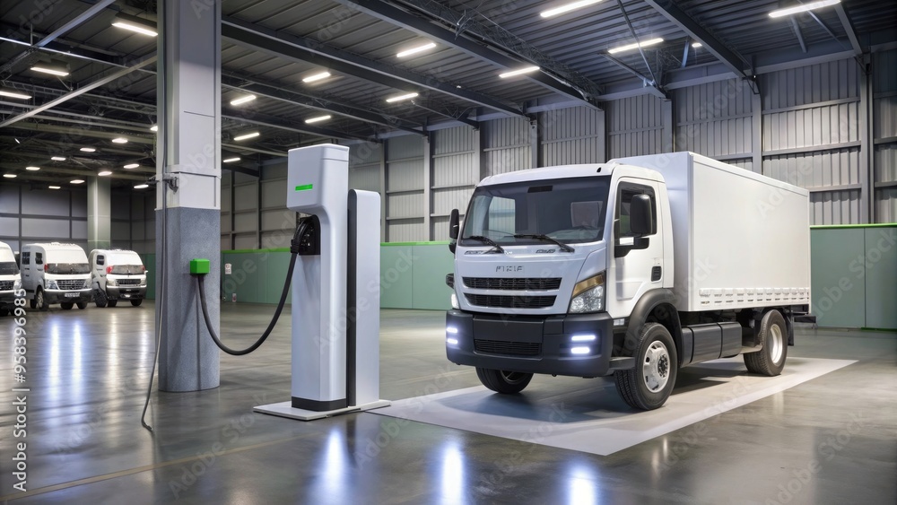 Electric vehicle charging station with a truck in the background, electric vehicle Electric vehicle charging station with a truck in the background, electric vehicle