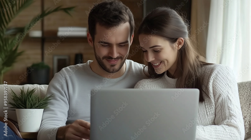 Młode małżeństwo siedzi razem przed laptopem, uśmiechając się radośnie. Oboje skupieni są na ekranie, gdzie przeglądają strony internetowe. Młode małżeństwo siedzi razem przed laptopem, uśmiechając się radośnie. Oboje skupieni są na ekranie, gdzie przeglądają strony internetowe.