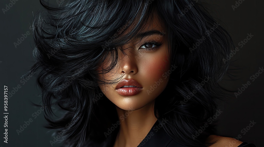 Naklejka premium Captivating portrait of a woman with flowing black hair, showcasing beauty and elegance against a dark background.