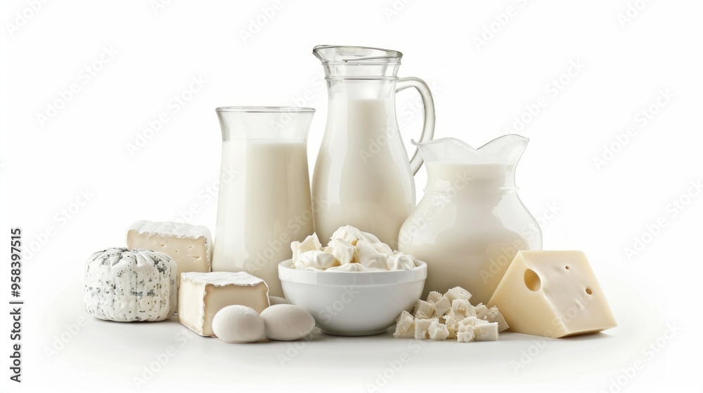 A collection of fresh dairy products including milk, cheese, and eggs. Ideal for healthy meals and recipes. Perfect for food photography and culinary projects. AI A collection of fresh dairy products including milk, cheese, and eggs. Ideal for healthy meals and recipes. Perfect for food photography and culinary projects. AI