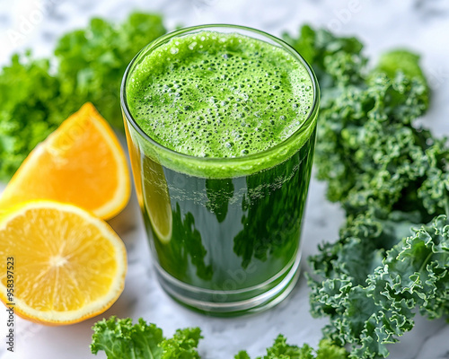 A glass of green juice with a slice of lemon on the table