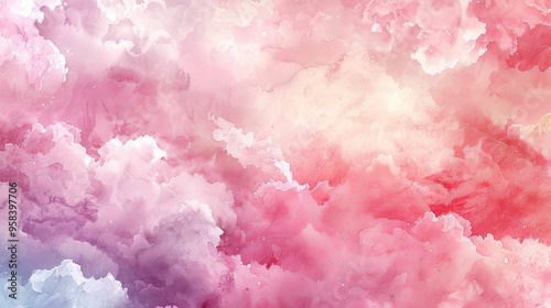 Abstract Watercolor Painting of Pink and White Clouds