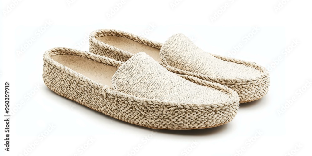 Two pairs of woven beige slippers. Two pairs of woven beige slippers.