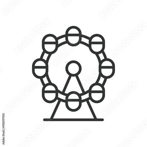 Ferris wheel, in line design. Amusement ride, carnival ride, observation wheel, fairground wheel, entertainment on white background vector. Ferris wheel editable stroke icon