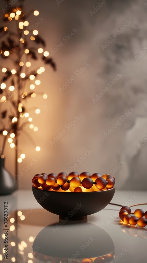 Amber Bead Bowl on Glossy Stone with Soft Lights A vertical scene Amber Bead Bowl on Glossy Stone with Soft Lights A vertical scene