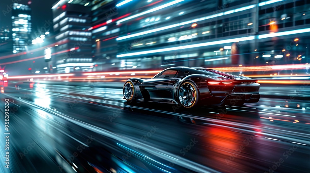 Black Sports Car Driving Through a City at Night Black Sports Car Driving Through a City at Night