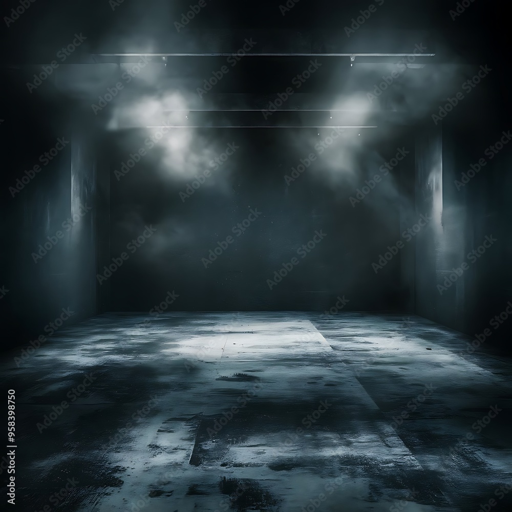 Empty space of Studio dark room concrete floor grunge texture background with fog or mist and lighting effect. Empty space of Studio dark room concrete floor grunge texture background with fog or mist and lighting effect.