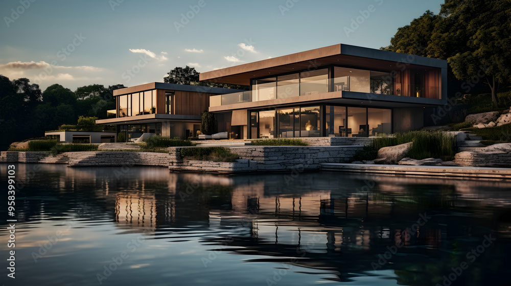 The reflective surfaces of a lakeside residence The reflective surfaces of a lakeside residence