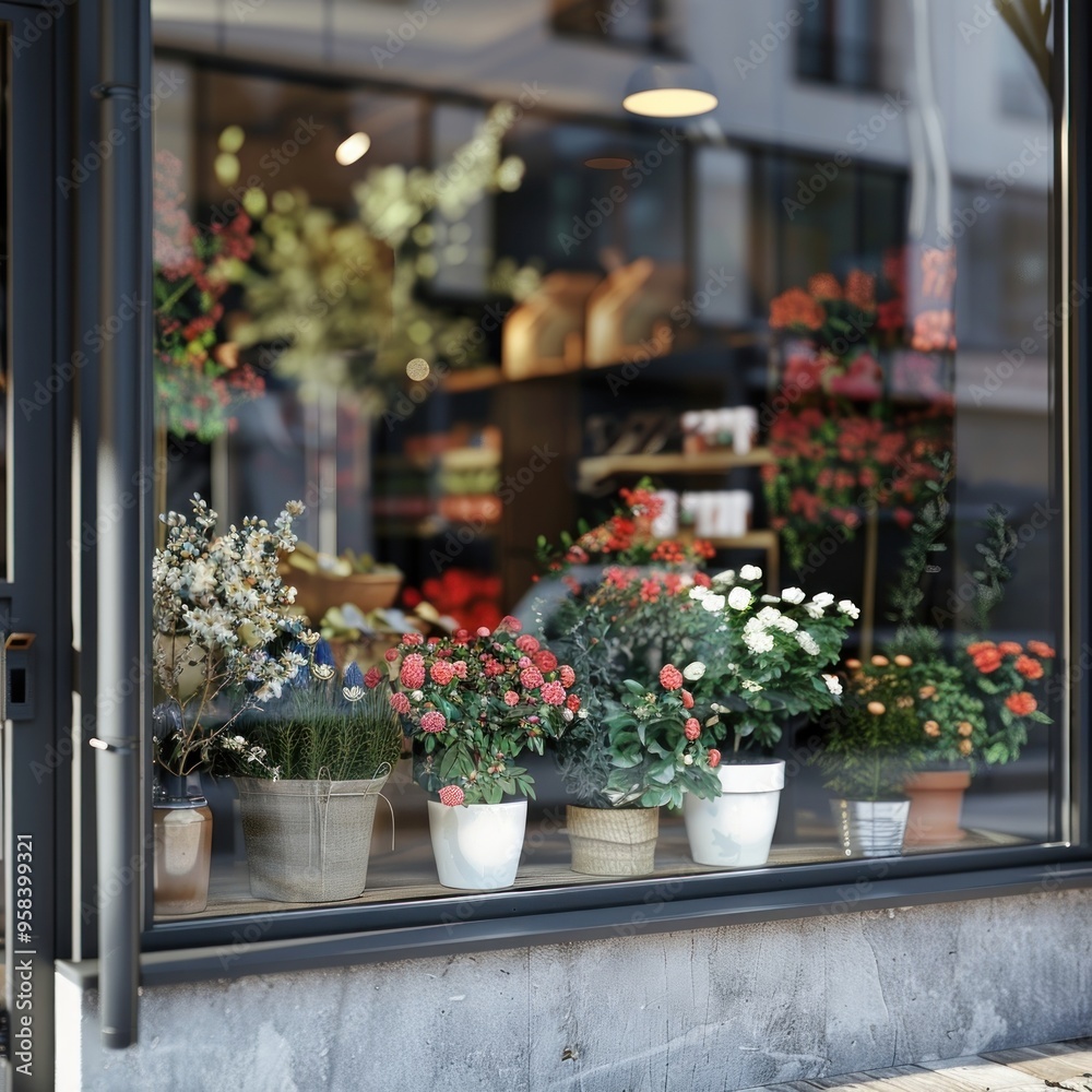 Minimal flower shop window mockup windowsill blossom plant. Minimal flower shop window mockup windowsill blossom plant.