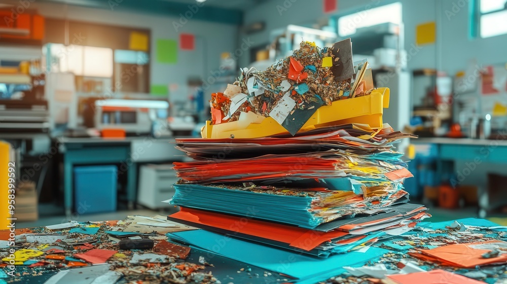 A messy desk with a pile of folders, papers, and office supplies. A messy desk with a pile of folders, papers, and office supplies.