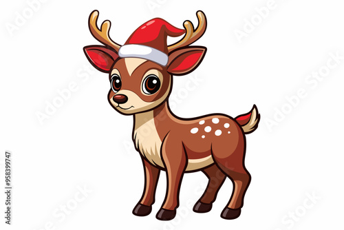 Christmas baby reindeer vector art with Santa Claus hat, Funny Xmas deer illustration on white background