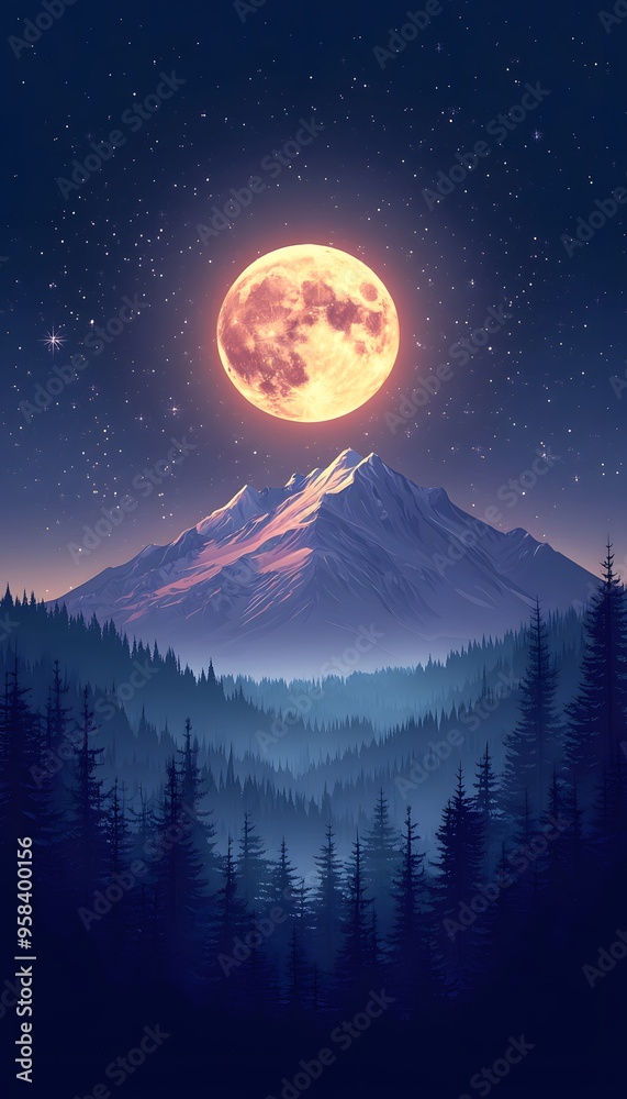 Full Moon Over Snowy Mountain and Forest Illustration Full Moon Over Snowy Mountain and Forest Illustration