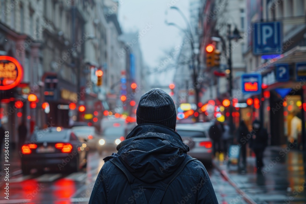 Solitary Figure in Winter Coat Stands in Bustling, Rainy City Street with Red Neon Lights Solitary Figure in Winter Coat Stands in Bustling, Rainy City Street with Red Neon Lights