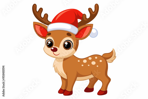 Christmas baby reindeer vector art with Santa Claus hat, Funny Xmas deer illustration on white background