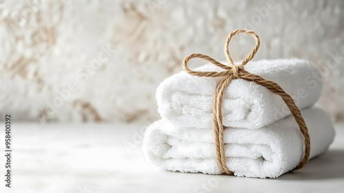 Stack of White Towels Tied with a Jute Rope