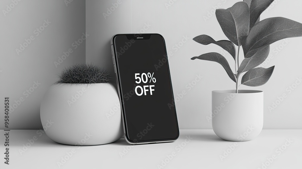 Smartphone displaying discount in a minimalist black and white design, AI generated image. Black Friday shopping online Smartphone displaying discount in a minimalist black and white design, AI generated image. Black Friday shopping online