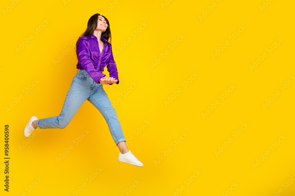Photo of positive lady look profile side empty space run isolated bright color background Photo of positive lady look profile side empty space run isolated bright color background