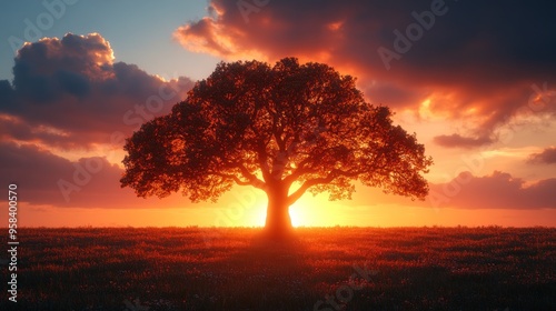 Majestic Tree Silhouetted Against Vibrant Sunset