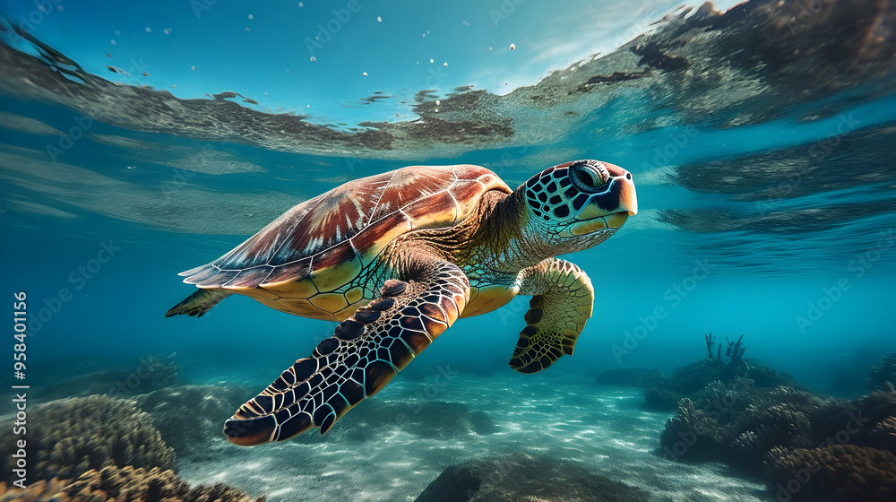 Obraz premium Underwater shot of a sea turtle gliding through crystal-clear waters,
