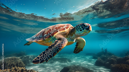 Underwater shot of a sea turtle gliding through crystal-clear waters,