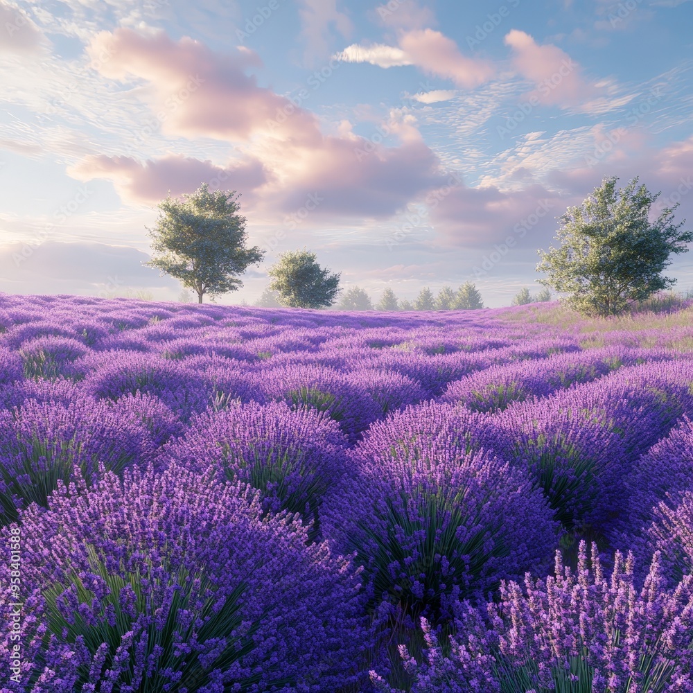 Obraz premium Sunset over a peaceful lavender field with golden light