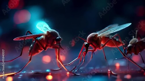 Mosquito in the cyberpunk style. Video generative AI