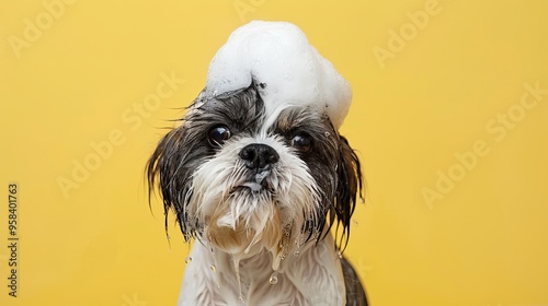 A cute dog with a frothy soap on its head, showcasing a fun and playful grooming scene against a vibrant yellow background.