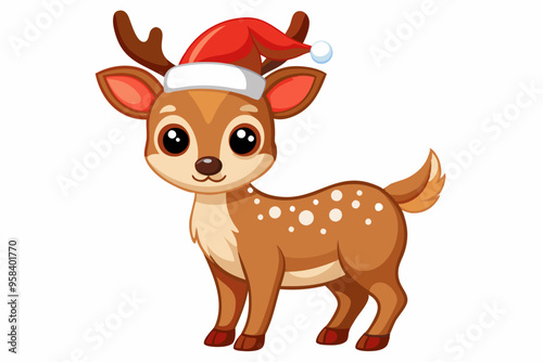 Christmas baby reindeer vector art with Santa Claus hat, Funny Xmas deer illustration on white background