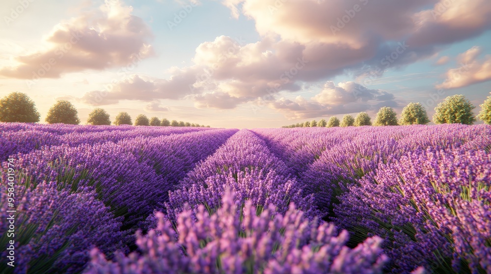 Obraz premium Sunset over a peaceful lavender field with golden light