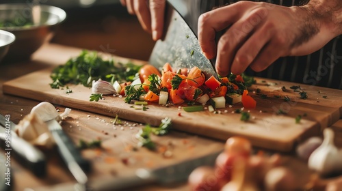 A chef chopping vegetables on a cutting board.