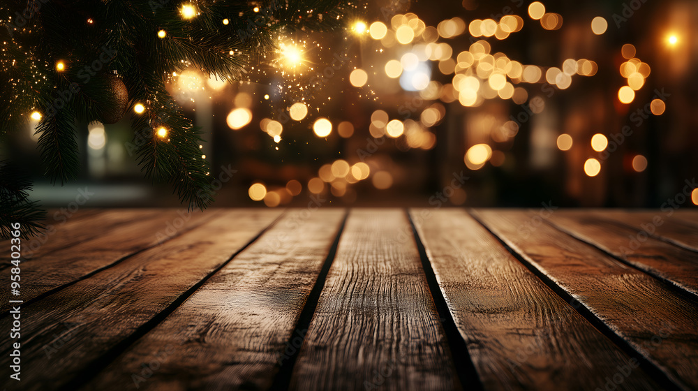 magical tinsel xmas tree lights & dust on the wooden floor under a christmas tree; empty stage for product or services  exposure; copy space; widescreen backdrop