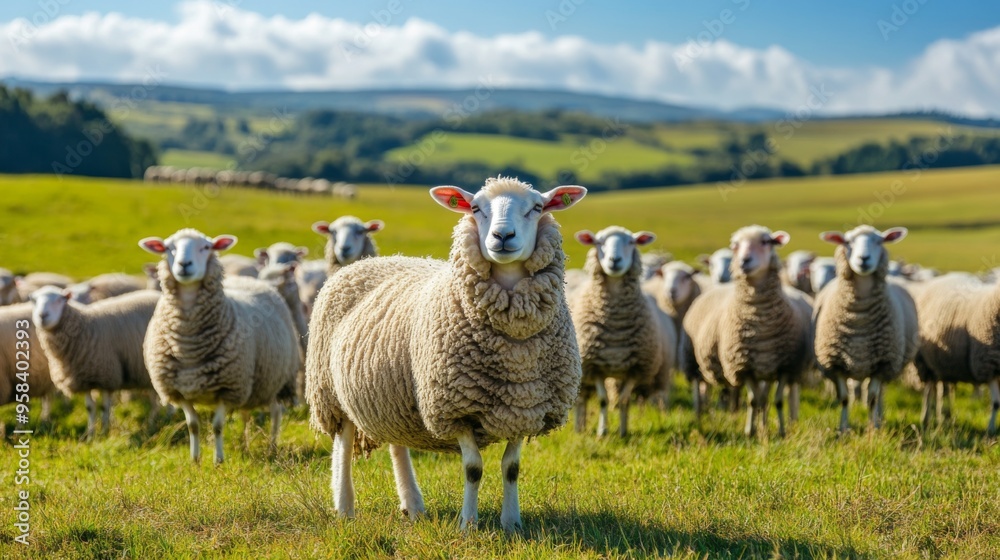 Sheeps in a meadow on green grass. Portrait of sheep. Flock of sheep grazing in a hill Sheeps in a meadow on green grass. Portrait of sheep. Flock of sheep grazing in a hill