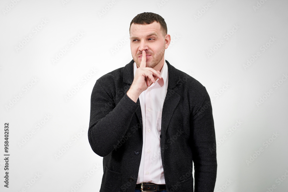 Man saying hush and be quiet with finger on lips gesture looking at camera Man saying hush and be quiet with finger on lips gesture looking at camera