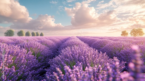 Sunset over a peaceful lavender field with golden light