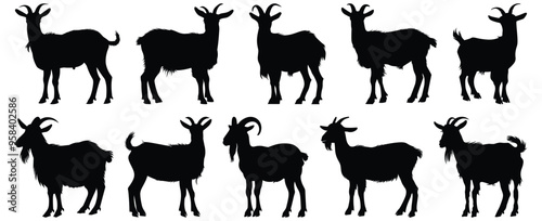 Goat silhouettes set, animal pack of vector silhouette design, isolated background